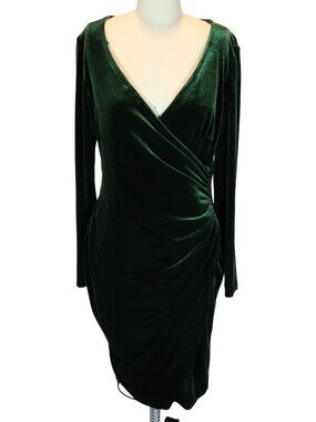 RALPH LAUREN Velvet Ruched Faux Wrap Long Sleeve Sheath Dress Size 8 Dark Green